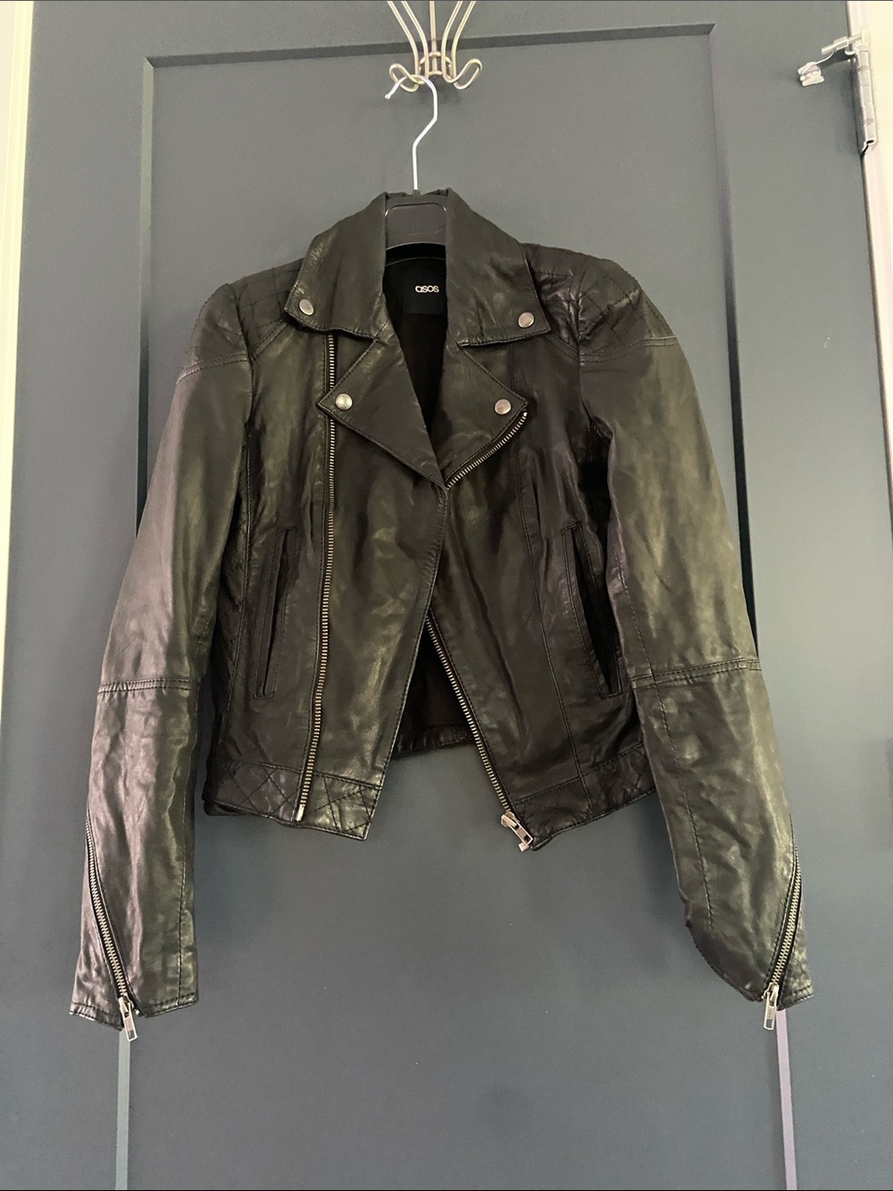 ASOS Black Leather Biker Jacket with Zip Details